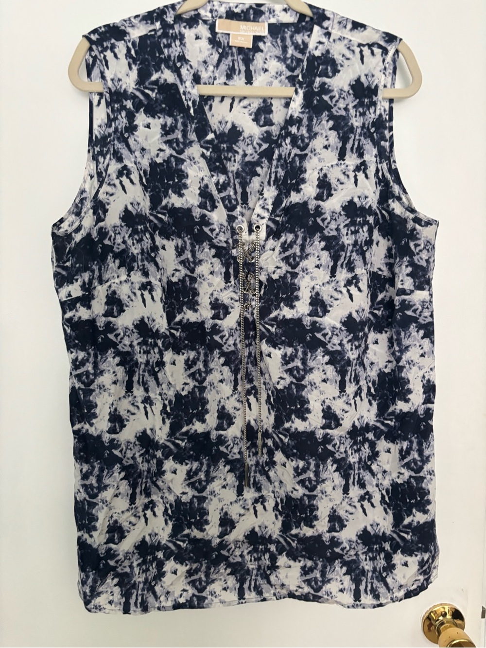 MICHAEL KORS Navy and White Tie-Dye Button Front Blouse size 2X